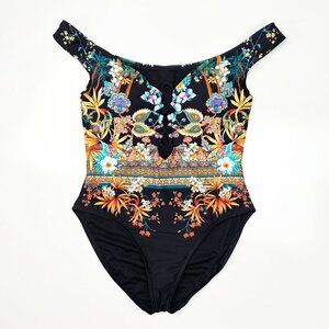 Kenneth Cole Off Shoulder Floral Tropical Stripe One Piece Swim Suit NEW - L